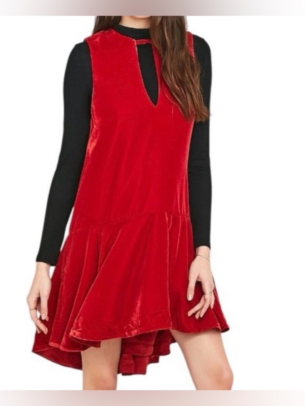 Free People Soft Focus Red Velvet Keyhole Cutout Mini Dress XS